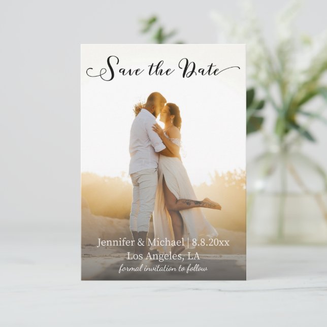 elegant chic script faded photo wedding save the date (Standing Front)