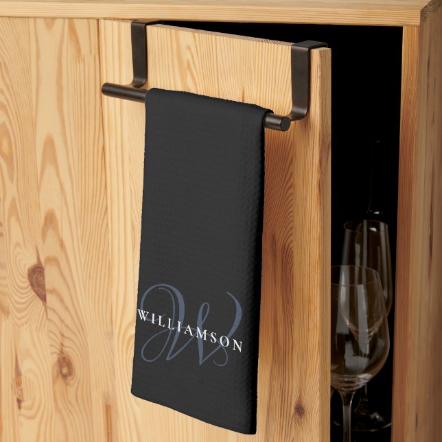 Elegant Chic Script Family Monogram Black Blue Kitchen Towel (Thirds Fold)