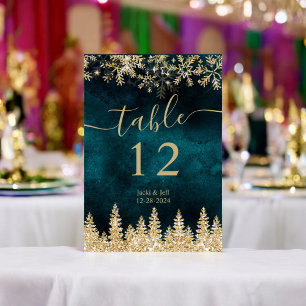 Elegant chic script Gold and Teal Winter Christmas Table Number