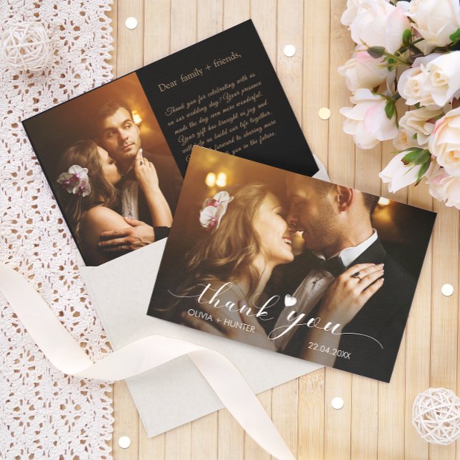 Elegant Chic Script Gold Wedding 2 Photo  Thank You Card (Elegant Chic Script Gold Wedding 2 Photo Thank You Card)