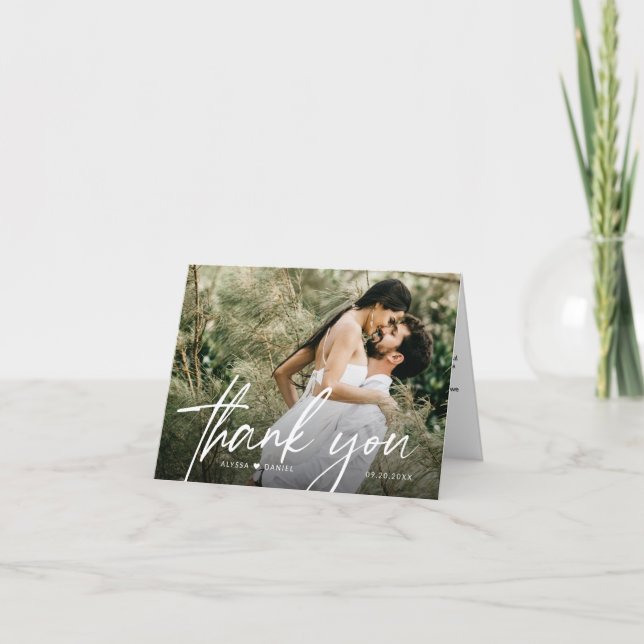 Elegant Chic Script Heart Wedding Photo Thank You Card (Front)