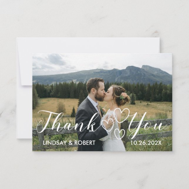 Elegant Chic Script Love Heart Wedding Photo Thank You Card (Front)
