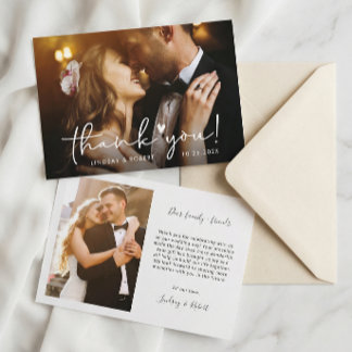 Elegant Chic Script Love Heart Wedding Photo Thank You Card
