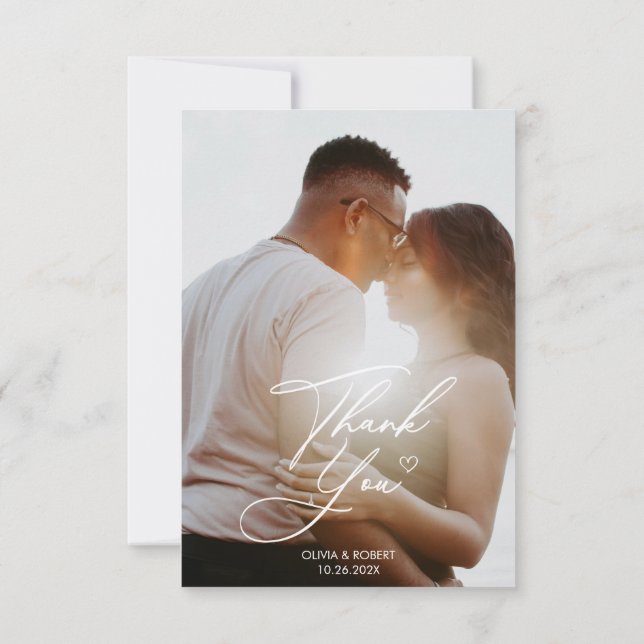 Elegant Chic Script Love Heart Wedding Photo Thank You Card (Back)