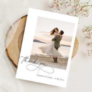 Elegant Chic Script Modern Wedding Photo Thank You Card