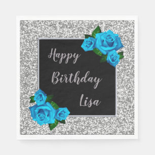 Elegant Chic Silver Glitter Blue Roses Birthday Napkin