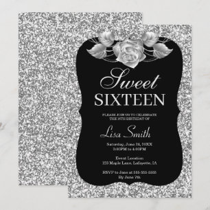 Elegant Chic Silver Glitter Silver Rose Sweet 16 Invitation