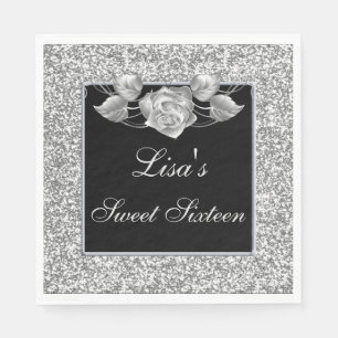 Elegant Chic Silver Glitter Silver Rose Sweet 16 Napkin