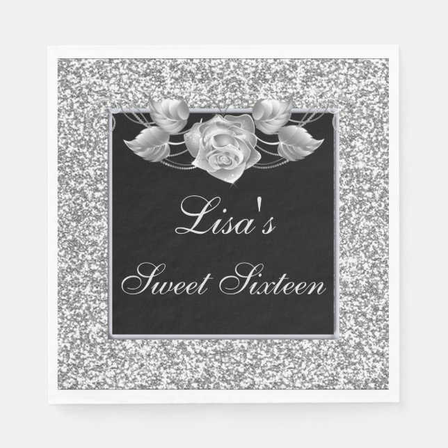 Elegant Chic Silver Glitter Silver Rose Sweet 16 Napkin (Front)