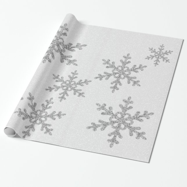 Elegant Chic Silver Glitter Snowflakes Holiday Wrapping Paper (Unrolled)