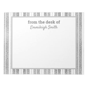 Elegant Chic Silver White Striped From Desk of Notepad
