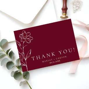 Elegant Chic Sketched Floral Burgundy Wedding Thank You Card