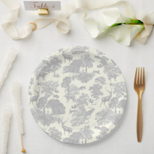 Elegant Chic Soft Grey Toile Deer Woodland Paper Plate