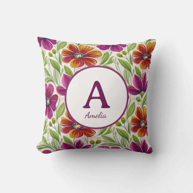 Elegant Chic Spring Floral Monogram  Throw Pillow (Front)