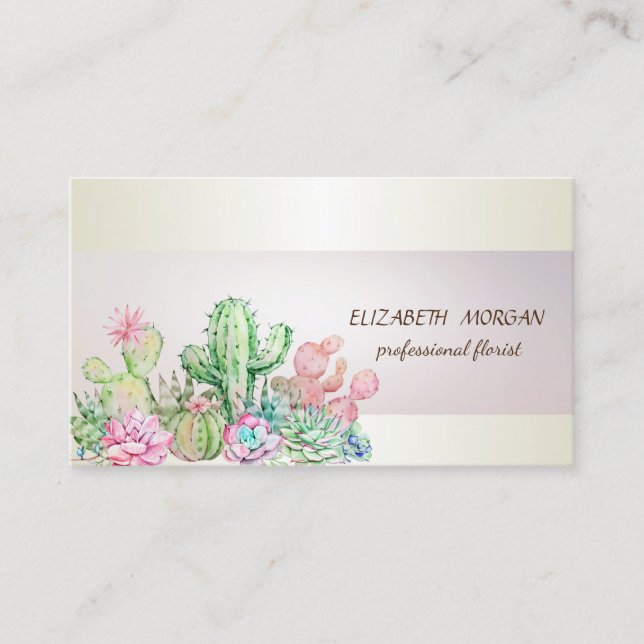 Elegant Chic Stripe Cactus Succulents Business Card (Front)