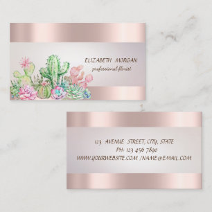 Elegant Chic Stripe Cactus Succulents Rose Gold Business Card