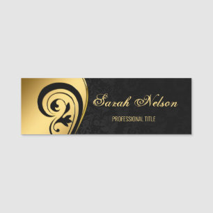 Elegant Chic Stylish Gold Swirls Black Damask Name Tag