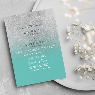 Elegant chic teal silver glitter ombre wedding  invitation