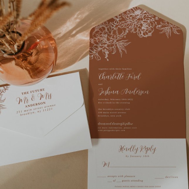 Elegant Chic Terracotta Copper Floral RSVP Wedding All In One Invitation (Creator Uploaded)