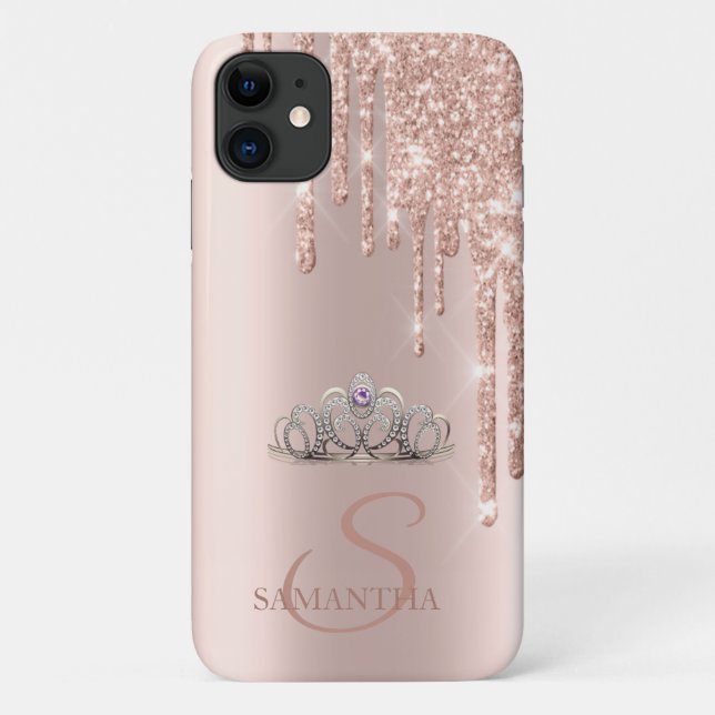 Elegant Chic Tiara Rose Gold Glitter Drips Case-Mate iPhone Case (Back)