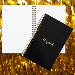 Elegant Chic Trendy Black Gold Weekly & Monthly Planner<br><div class="desc">Custom, personalized, modern, trendy, chic, classy black and grey chequered pattern, elegant faux gold typography / script name, weekly & monthly panner with one sheet of fun and colourful repositionable stickers in back. Simply type in your name, to customize. Plan your days in style with this customizable planner. With its...</div>