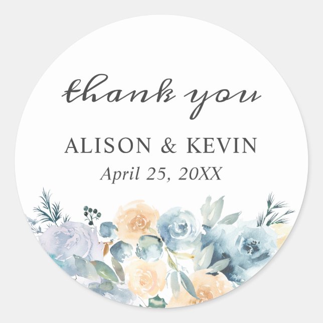 Elegant Chic Vanilla Blue Floral Thank You Classic Round Sticker (Front)