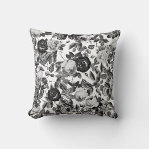 Elegant Chic Vintage Black and White Roses Floral Throw Pillow