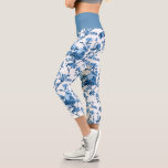 Elegant Chic Vintage Blue Rose Floral Capri Leggings<br><div class="desc">Elegant and chic vintage-inspired seamless floral pattern featuring tone-on-tone blue roses,  vines,  foliage,  and carnations on white background. 
Waistband colour is customizable.</div>