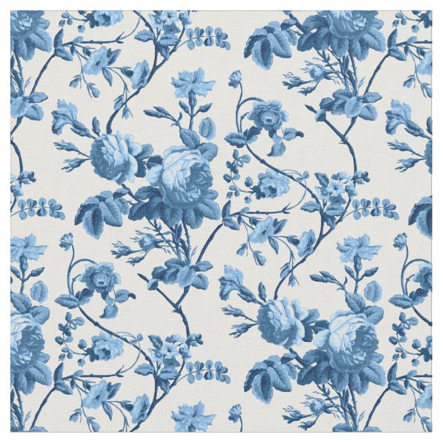 Elegant Chic Vintage Blue Rose Floral Fabric (Close Up)