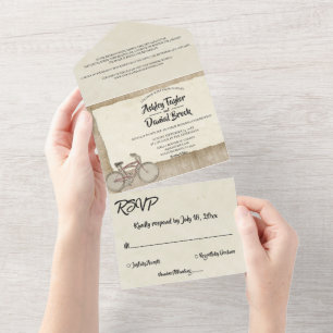 Elegant Chic Vintage Cycling Rustic Wood Wedding All In One Invitation