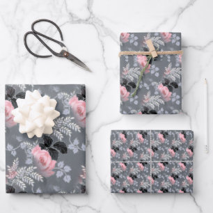 Elegant Chic Vintage Victorian Grey Pink Floral Wrapping Paper Sheet