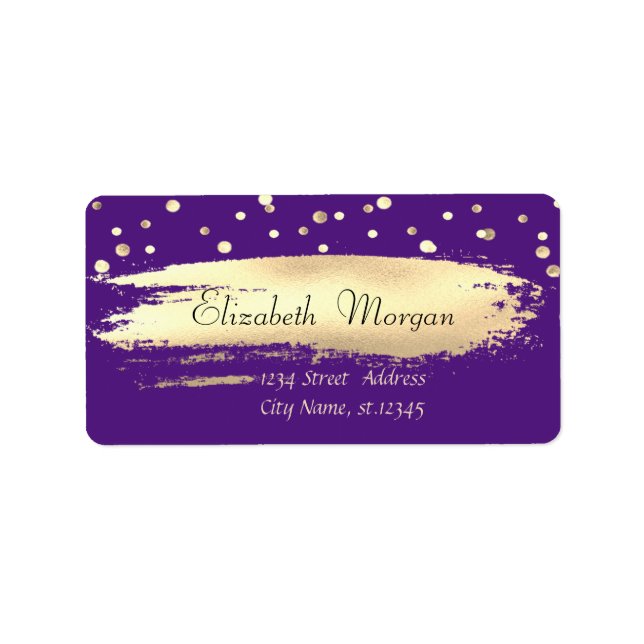 Elegant Chic Violet, Gold Confetti, Brush Stroke Label (Front)