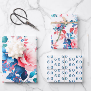 Elegant Chic Watercolor Floral 60th Birthday  Wrapping Paper Sheet