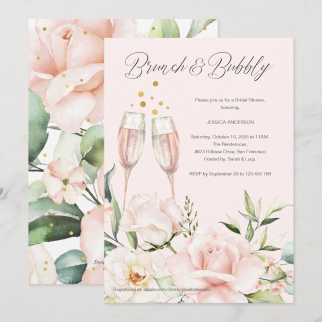 Elegant chic watercolor floral champagne bridal  invitation (Front/Back)