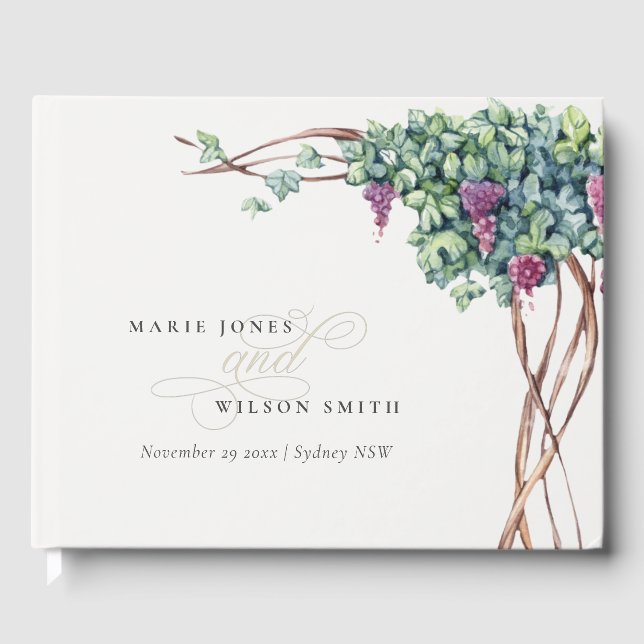 Elegant Chic Watercolor Grapevine Foliage Wedding Guest Book (Front)