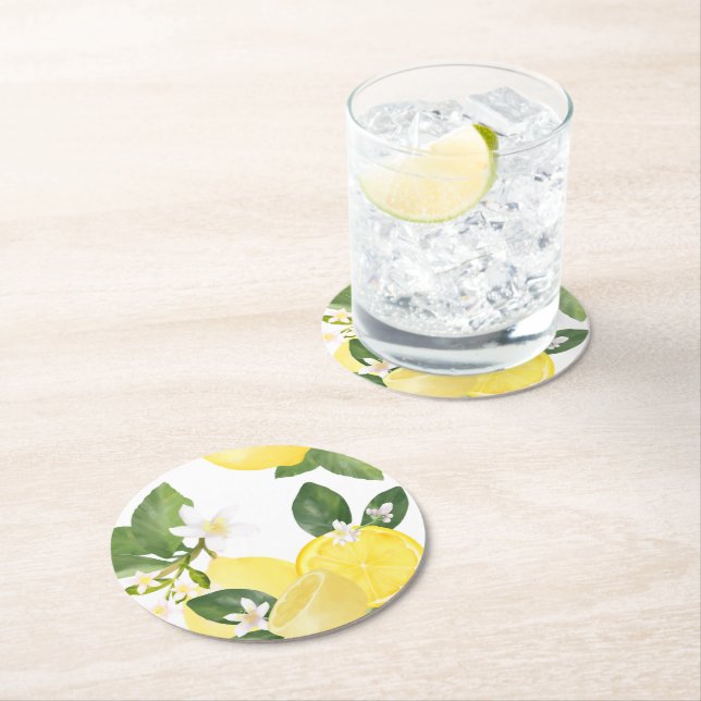 Elegant Chic Watercolor Lemon Summer Garden Round Paper Coaster (Insitu)