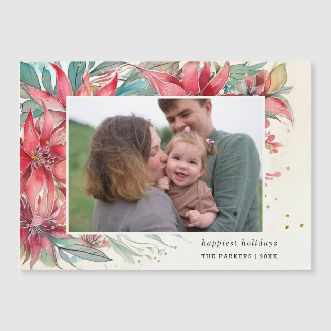 Elegant Chic Watercolor Poinsettia Botanical Photo (Front)