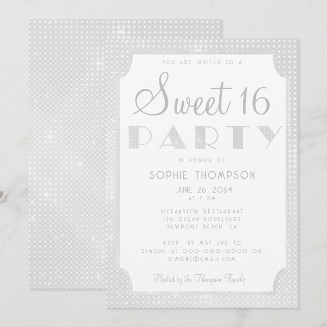 Elegant Chic White Glitter Sequins Sweet 16 Party Invitation (Front/Back)