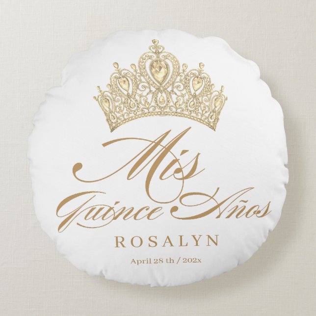 Elegant Chic White Gold Quinceanera  Round Pillow (Front)