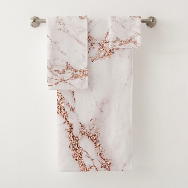 Elegant chic white gray rose gold glitter marble bath towel set (Insitu)