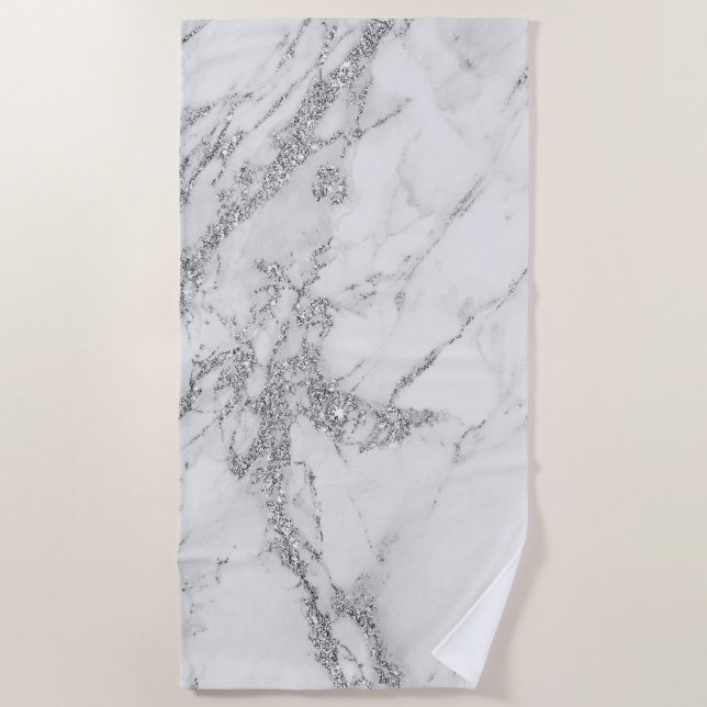 Elegant chic white grey silver glitter marble beach towel (Front)