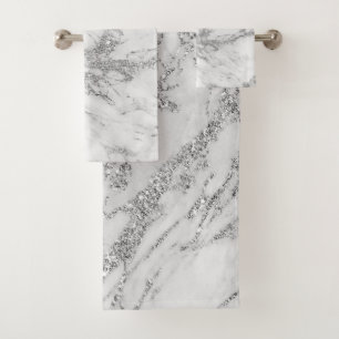 Elegant chic white grey silver marble bath towel set