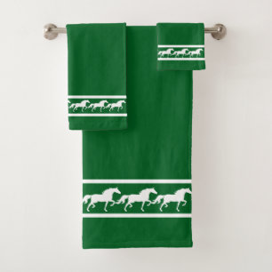 Elegant, Chic White Horses on Forest Green Bath Towel Set