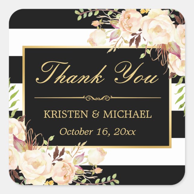 Elegant Chic White Ivory Flowers Thank You Square Sticker (Front)