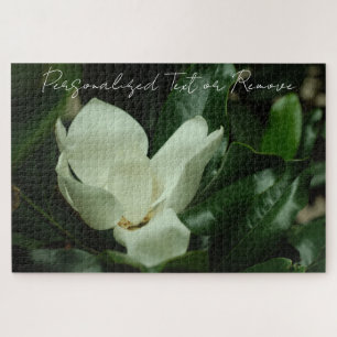 Elegant Chic White Magnolia with Personalized Text Jigsaw Puzzle