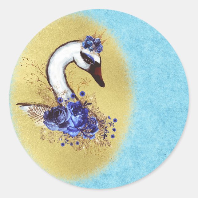 Elegant & Chic White Swan Blue Flowers Classic Round Sticker (Front)