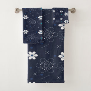 Elegant chic withe floral navy back bath towel set