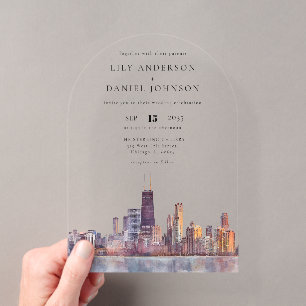 Elegant Chicago Skyline Watercolor Wedding Arch Acrylic Invitations