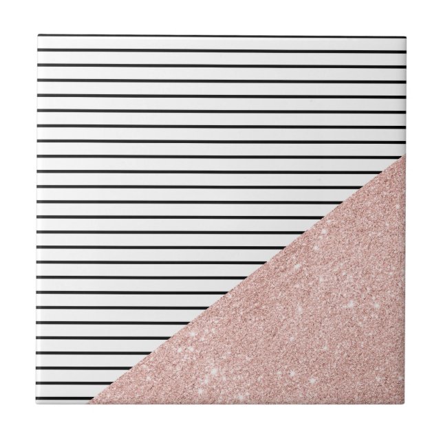 Elegant chick black stripes and rose gold glitter tile (Front)
