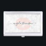 Elegant chick blush pink lips marble makeup artist business card holder<br><div class="desc">Pretty design featuring blush pink lips,  white marble texture and elegant calligraphy font.</div>